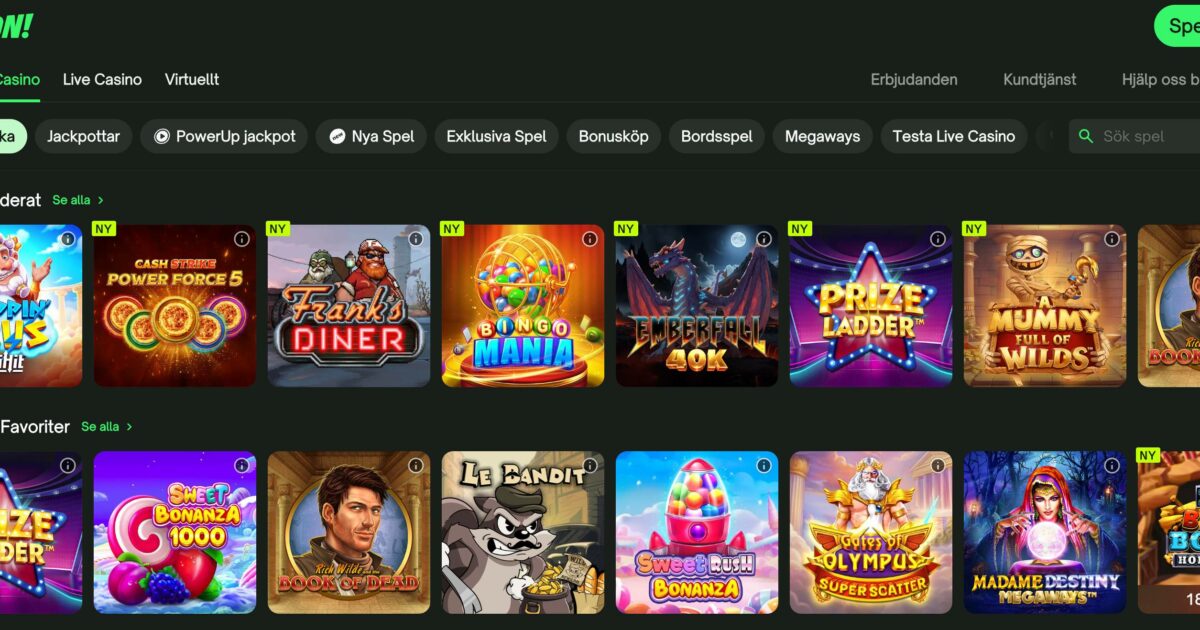 ComeOn casino startsida med välkomstbonus 100% upp till 750 kr och 100 free spins