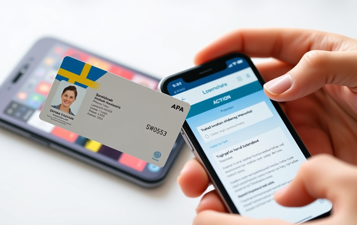 Närbild på en hand som håller en svensk legitimation bredvid en mobiltelefon med en casinowebbplats, fotorealistiskt redaktionellt foto om åldersverifiering.