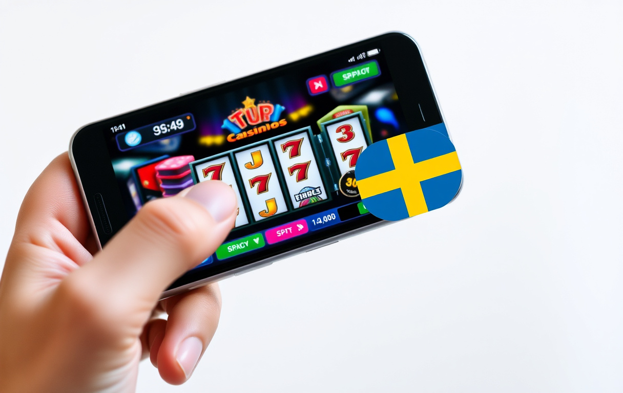Android-telefon med casinospel och svensk licenssymbol i hörnet.