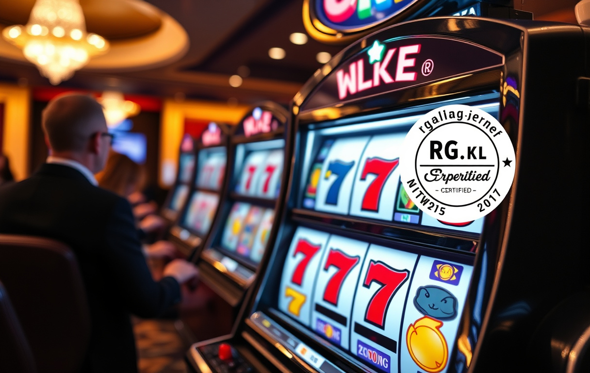 Slotmaskin med RNG-certifieringslogga och texten Spelinspektionen, i en ljus casinomiljö.