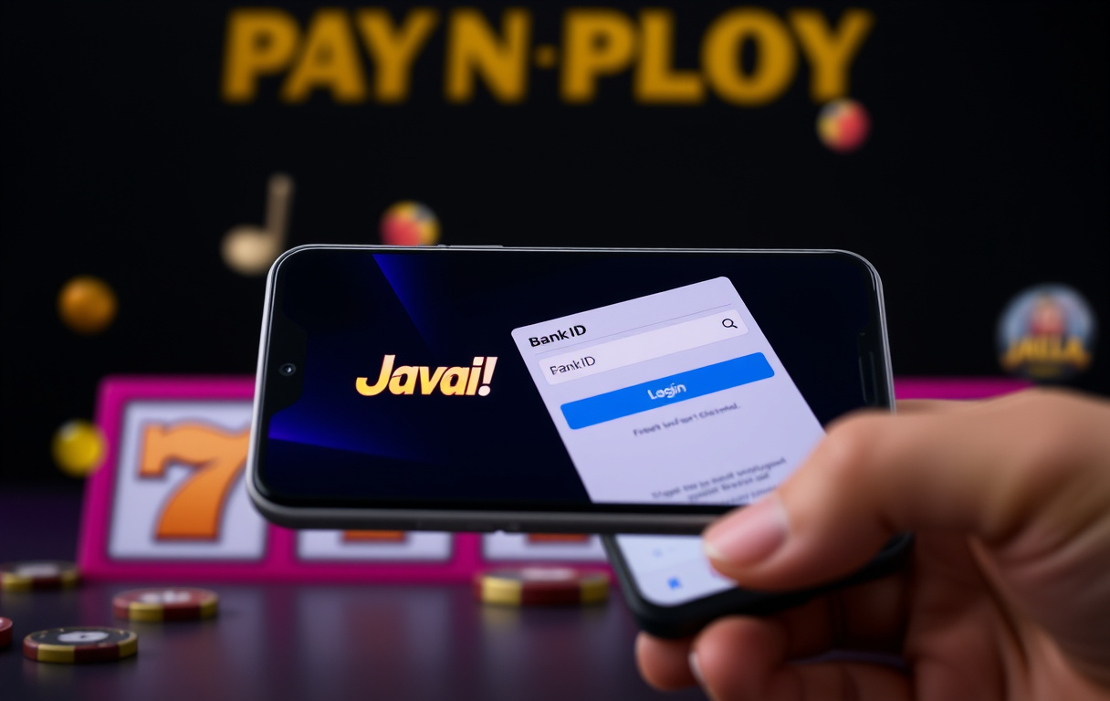 Smartphone showing Jalla Casino login via BankID with Pay N Play concept, dark background