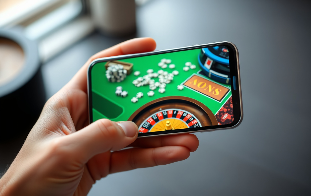 Person som håller en smartphone med slots och roulette på skärmen, moderna färger, redaktionell stil