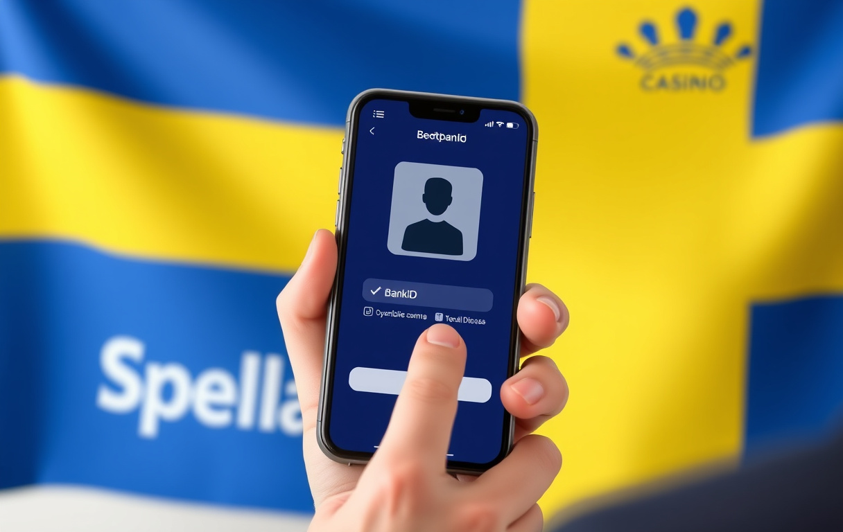 Person som verifierar sig med BankID på mobilen för ett casino konto, med svensk flagga och Spelpaus-logga i bakgrunden