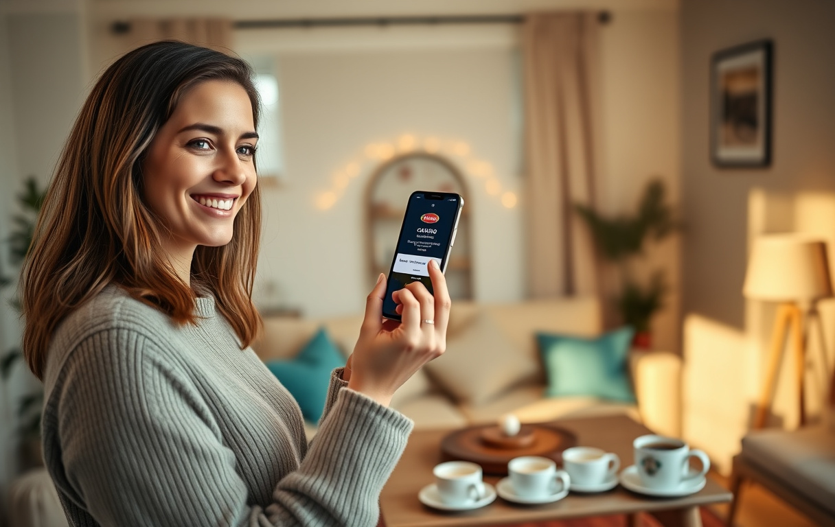 En person som loggar in på ett svenskt casino på mobilen för att ta ut en vinst, med en hemtrevlig kaffemiljö i bakgrunden.