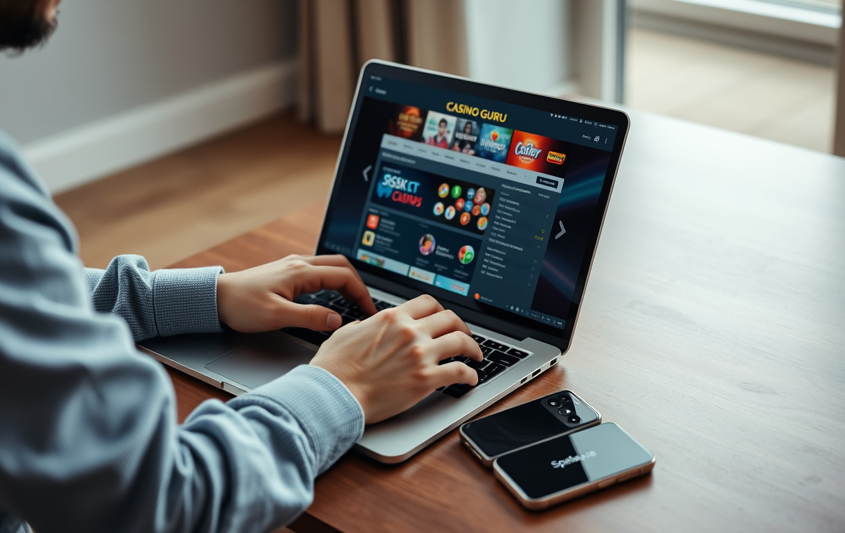 Person som använder Casino Guru på laptop med ikoner för säkerhet och licens, med Spelpaus synlig på mobilen.