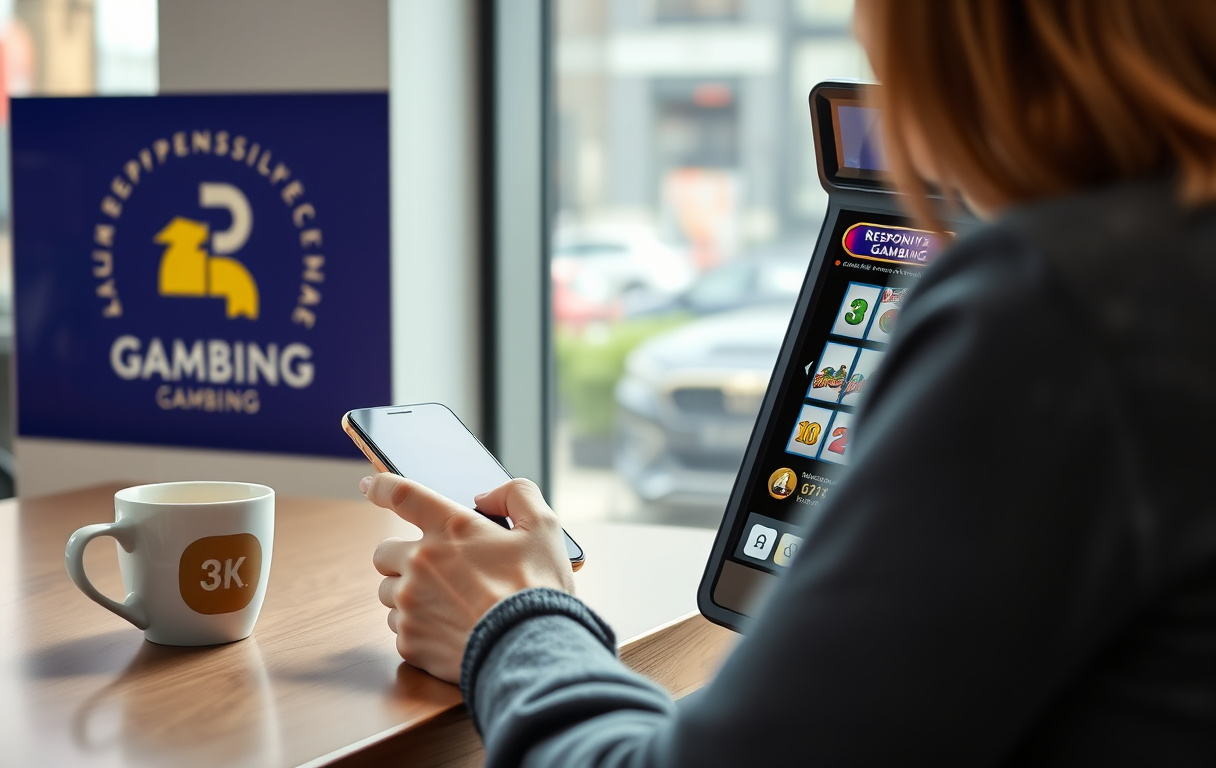 En person spelar slots på en mobiltelefon vid ett café, med en kopp kaffe och en symbol för ansvarsfullt spelande i bakgrunden.