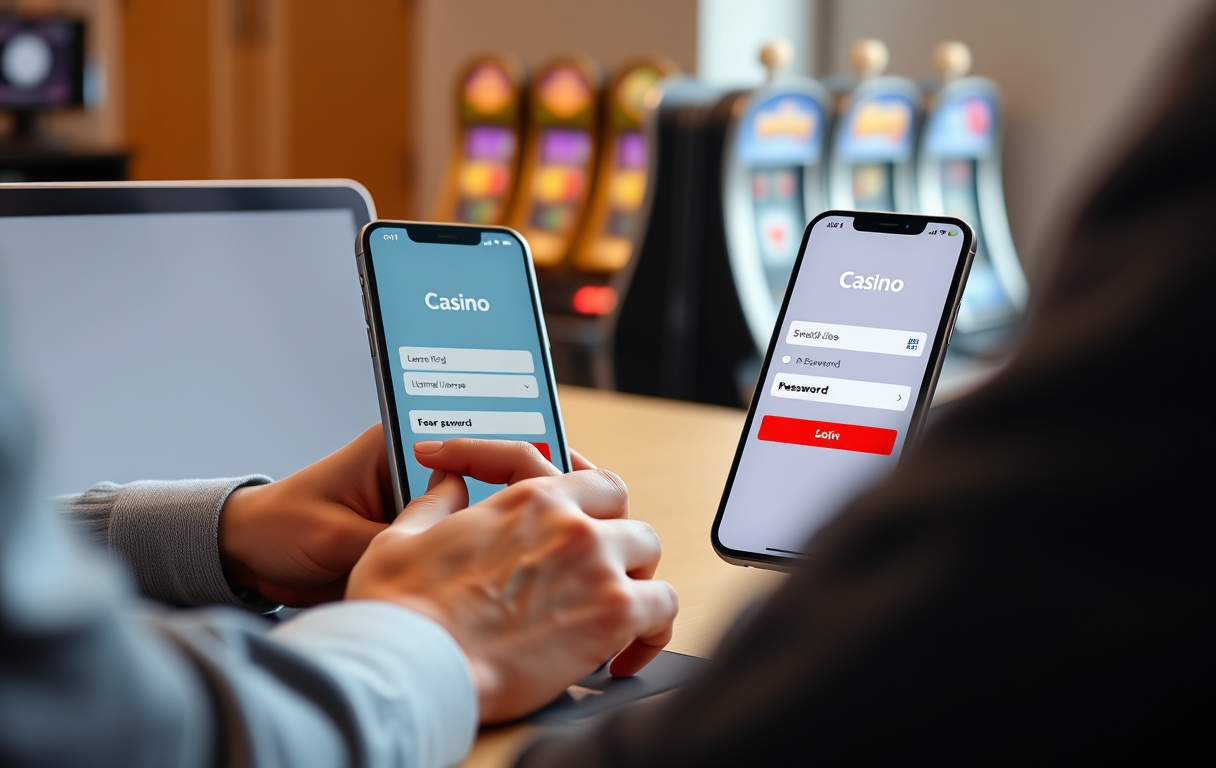 Person loggar in på casino med e-post på laptop och mobil, svensk licenssymbol synlig.