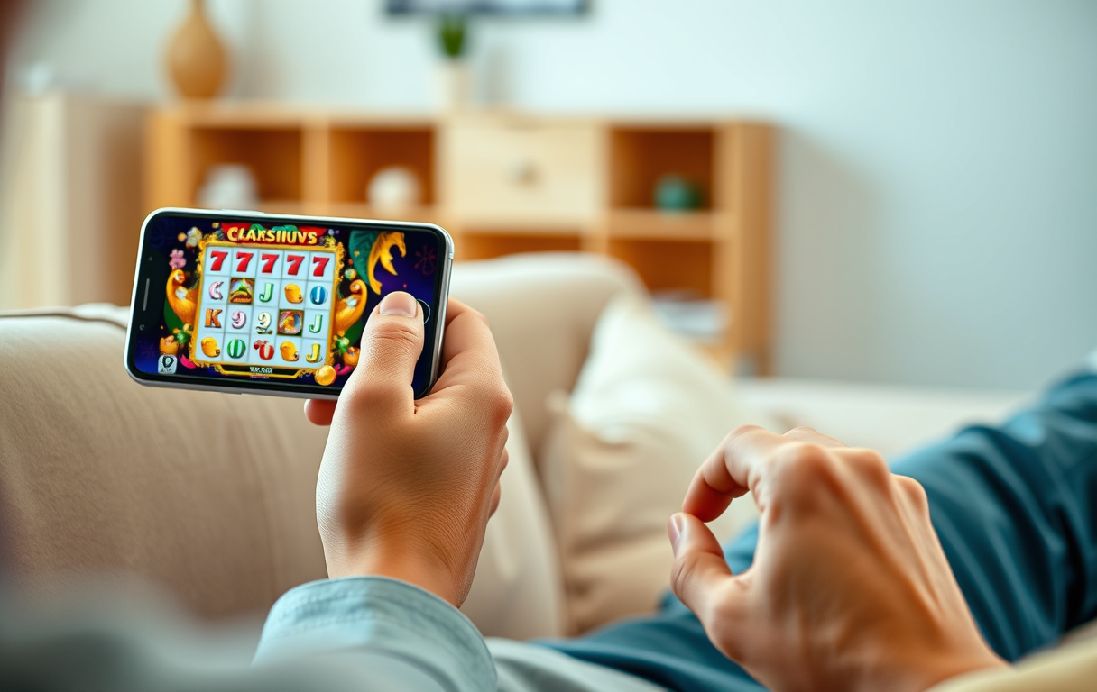 Person spelar gratis casinospel på mobilen hemma i soffan, skärmen visar en spelautomat med virtuella krediter.