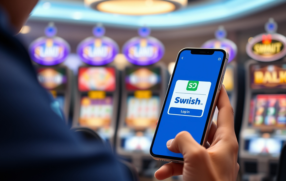 Person med smartphone som visar BankID-inloggning och Swish-symbol vid ett casino med spelautomater i bakgrunden.