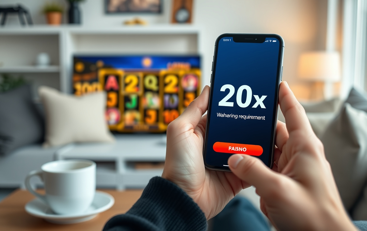 Person med smartphone som visar en casinobonus med 20x omsättningskrav, i en hemmamiljö.