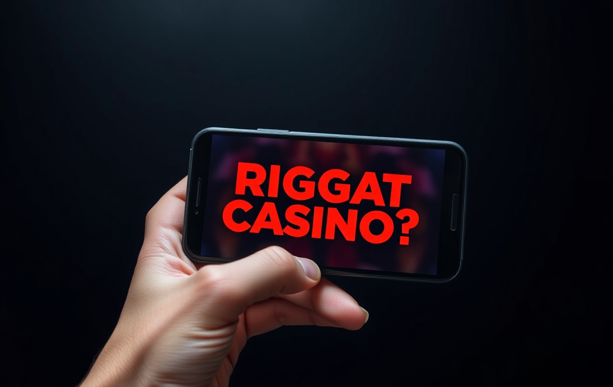 En hand som håller en smartphone med en slotskärm och texten 'Riggat Casino?' i rött, varnande bakgrund.