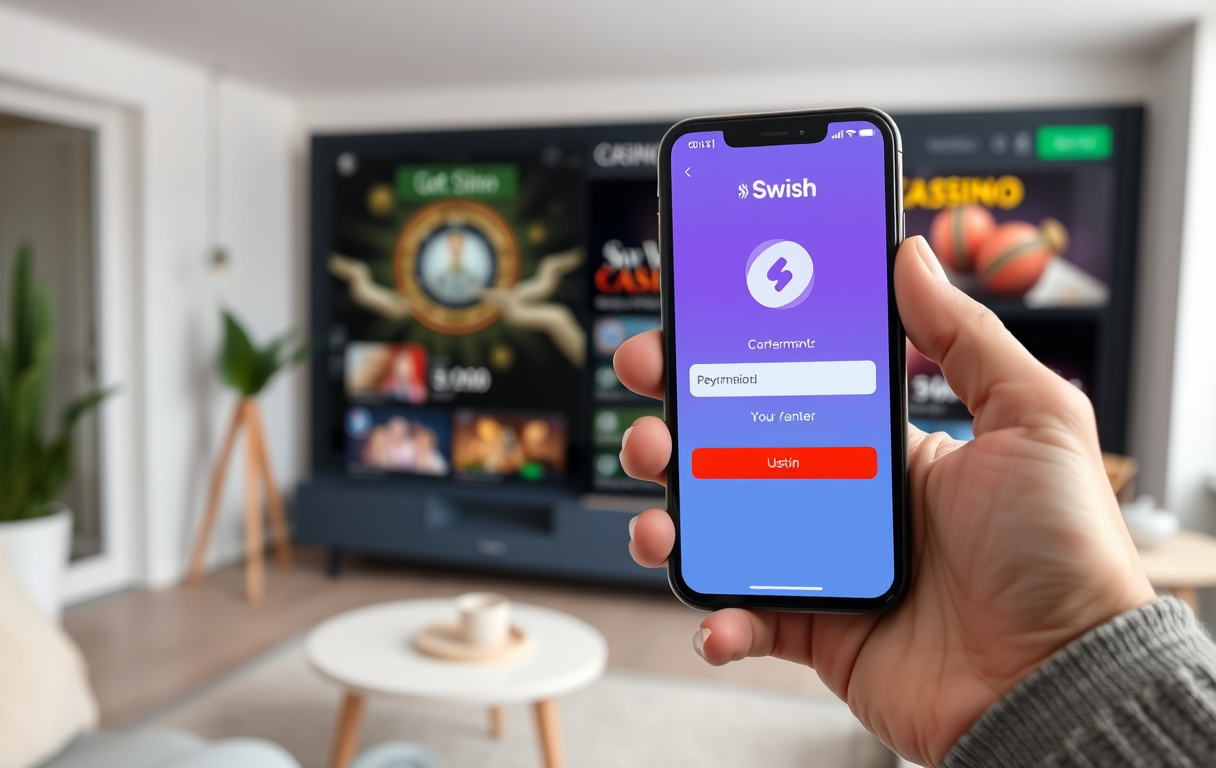 Person som använder en smartphone för att bekräfta ett casino uttag med Swish i en modern hemmamiljö.