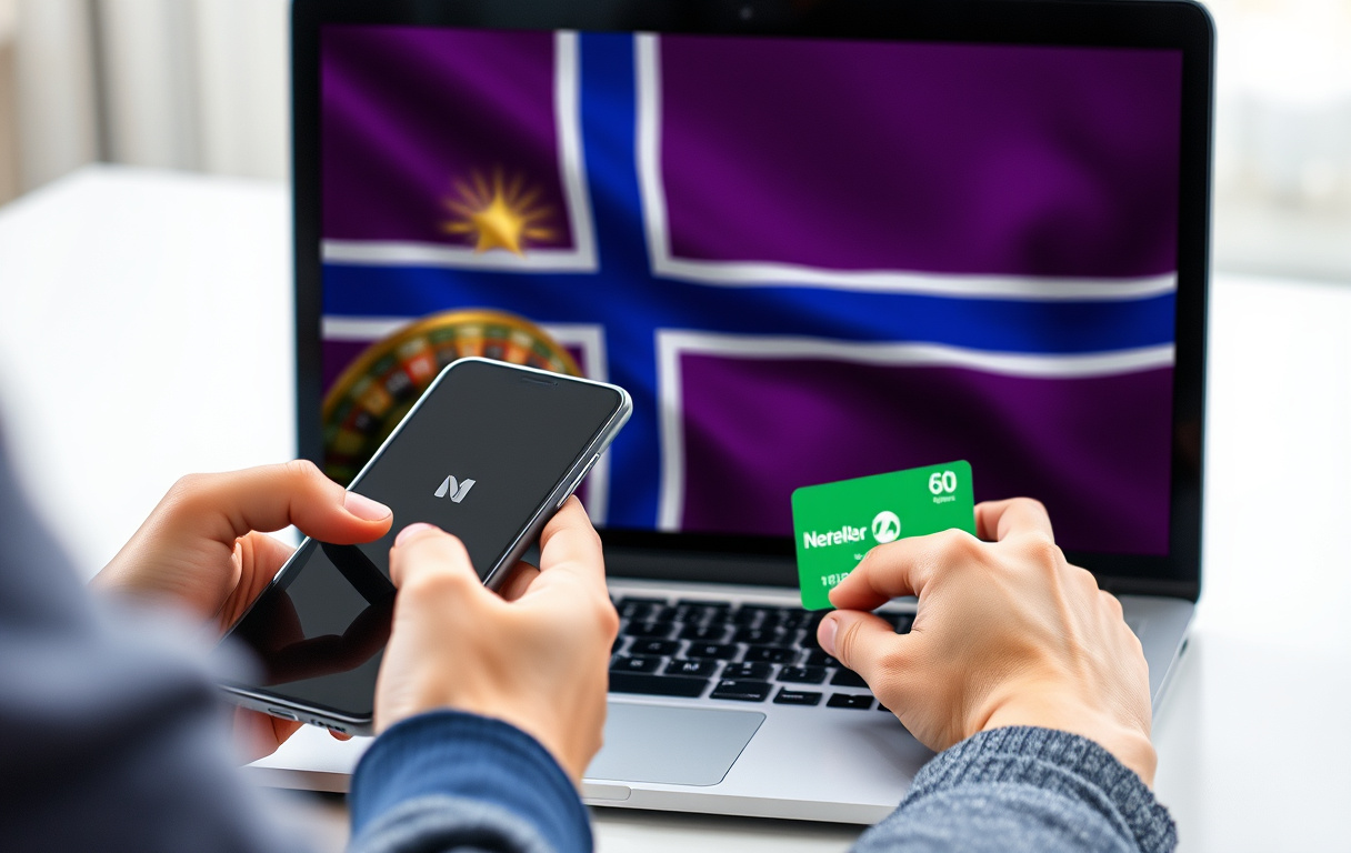 Person i Norge som använder smartphone och laptop med casinosymboler, Neteller-kort och norsk flagga i bakgrunden.