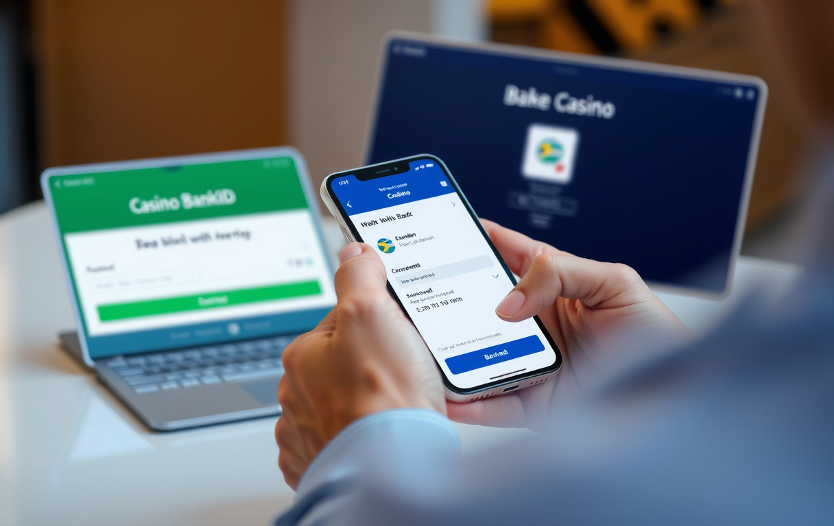 Person som gör ett casino uttag via mobil med BankID-verifiering och bankkonto som visar överföring.