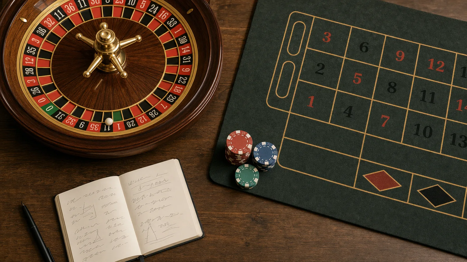 Roulettebord ovanifrån med marker och en anteckningsbok med siffror – strategi och budget